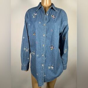 Disney Womens Size Large Blue Denim Shirt Character Embroidery Button Down Front